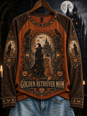 Women's Halloween Witch and Dog Pattern Leisure Long Sleeve T-Shirt