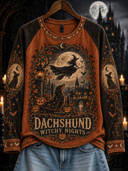 Women's Halloween Witch and Dog Pattern Leisure Long Sleeve T-Shirt