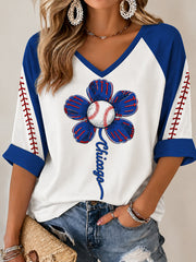 Women's Chicago Baseball Fan Print Mid-length Sleeves V-Neck T-Shirt
