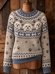 Women's Vintage Cute Dogs & Paws Print Long-sleeved Sweater