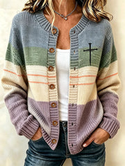 Women's Christian Art Cross Pattern Cozy Knit Cardigan