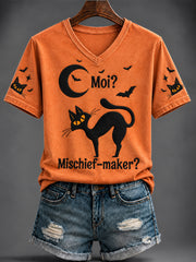 Women's Halloween Cute Cat Printed V-neck T-shirt