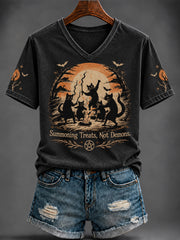 Women's Halloween Cute Cat Printed V-neck T-shirt