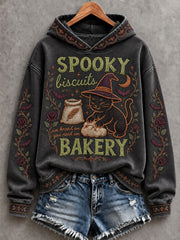 Women's Spooky Cat Printed Hoodie