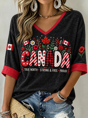 Women's Canada Pattern Printed Mid-length Sleeves V-Neck T-Shirt