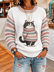 Women's Cute Winter Fat Cat Print Casual Sweater