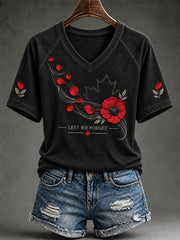 Women's Lest We Forget Canada Remembrance Day Print V-neck Short Sleeve T-shirt