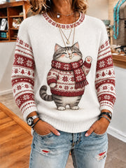 Women's Cute Winter Fat Cat Print Casual Sweater