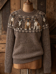 Women's Vintage Boxer Dogs Yoke Isle Print crew neck sweater