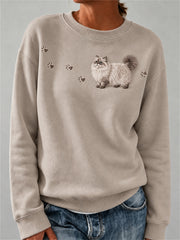 Women's Lovely Fuzzy Persian Cat & Paw Prints Print Sweatshirt