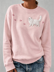 Women's Lovely Fuzzy White Cat & Paw Prints Print Sweatshirt
