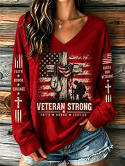 Women's U.S. Veterans Day Veteran Faith Art Print Casual Long-Sleeve T-Shirt