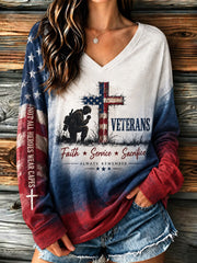 Women's U.S. Veterans Day Veteran Faith Art Print Casual Long-Sleeve T-Shirt