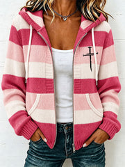 Women's Christian Art Cross Pattern Cozy Knit Hooded Cardigan