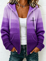 Women's Christian Art Cross Pattern Cozy Knit Hooded Cardigan