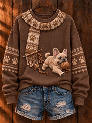 Women's "Mischievous Dog" French Bulldog Art Print Casual Sweater