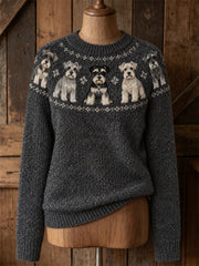 Women's Vintage Schnauzer Dogs Yoke Isle Print crew neck sweater
