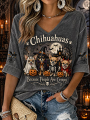 Women's Halloween Costume Dog Pattern Design Casual Mid-length Sleeves V-Neck T-Shirt