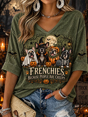 Women's Halloween Costume Dog Pattern Design Casual Mid-length Sleeves V-Neck T-Shirt