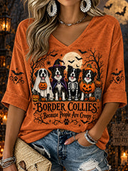 Women's Halloween Costume Dog Pattern Design Casual Mid-length Sleeves V-Neck T-Shirt