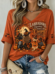 Women's Halloween-Themed Witch And Dog Pattern Casual Mid-length Sleeves V-Neck T-Shirt