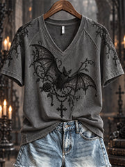 Women's Halloween Gothic Lace Bat & Cross Pendant Print short-sleeved T-shirt