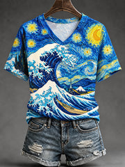Women's Waves Print Casual Long-Sleeve V-Neck Tee