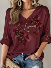 Women's Music Lover Printed Mid-length Sleeves V-Neck T-Shirt