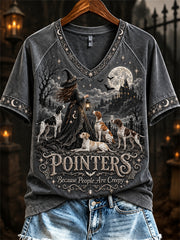 Women's Pointers Because People Are Creepy Halloween Witch & Dogs Print short-sleeved T-shirt
