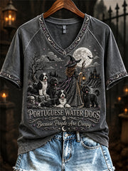 Women's Portuguese Water Dogs Because People Are Creepy Halloween Witch & Dogs Print short-sleeved T-shirt
