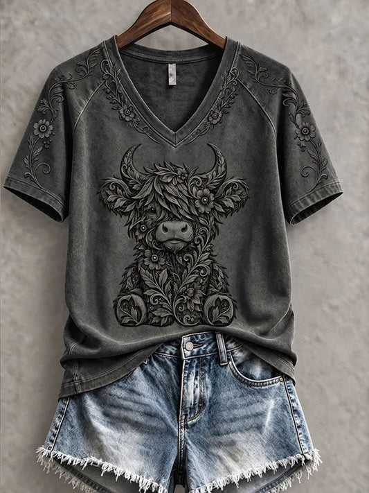Women’s Highland Cow Art Print Casual T-Shirt
