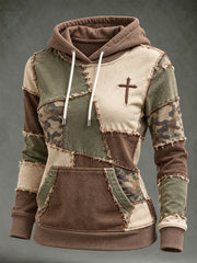 Women's Vintage Camouflage Element Block Patchwork Design Print Casual Hoodie