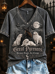 Women's Great Pyrenees Because People Are Creepy Halloween Witch & Dogs Print short-sleeved T-shirt