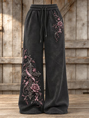 Women's Vintage Gothic Cross & Pink Ribbon Roses Floral Print Wide Leg Sweatpants