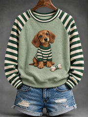 Women's Cute Dachshund Dog Print Striped Raglan Sleeve Sweatshirt