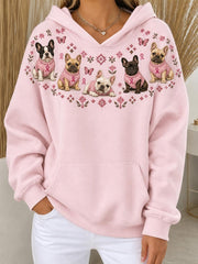 Women's French Bulldogs And Pink Charity Ribbon Pattern Design Casual Hoodie