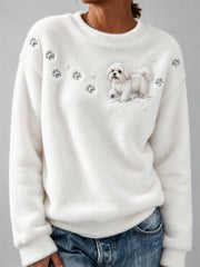 Women's Maltese Dog in the Snow Paw Prints & Snowflakes Print Cozy Flannel Sweatshirt