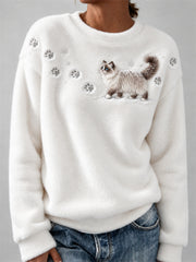 Women's Ragdoll Cat in the Snow Paw Prints & Snowflakes Print Cozy Flannel Sweatshirt