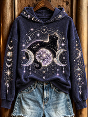 Women's Glitter Cat & Moon Moon Phase Celestial Art Print Hoodie