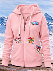 Women's Cute Cat Ski Graphic Zip-Up Hoodie