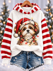 Women's Cute Christmas Shih Tzu Print Casual Flannel Hoodie