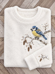 Women's Snowy Winter Blue Tit On Branch Print Flannel Sweatshirt