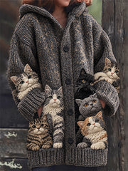 Women's Vintage Lovely Crowded Cats Print Composite Fleece Long Coat