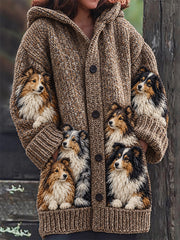 Women's Vintage Crowded Sheltie Dogs Print Composite Fleece Long Coat