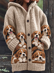 Women's Vintage Crowded Beagle Dogs Print Cozy Composite Fleece Long Coat