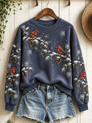 Women's Snowy Winter Red Crossbill Birds on Branches Print Sweatshirt