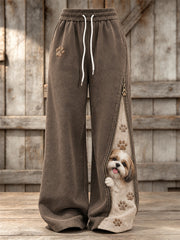 Women's Peeking Shih Tzu Dog & Paw Prints Zipper Contrast Print Wide Leg Sweatpants