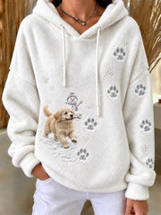 Women's Naughty Golden Retriever Dog & Snowman Snowy Winter Print Flannel Hoodie