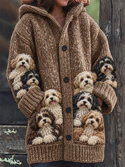 Women's Vintage Crowded Havanese Dogs Composite Fleece Long Coat