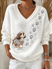 Women's Shih Tzu Pattern Causal V-neck Flannel Top